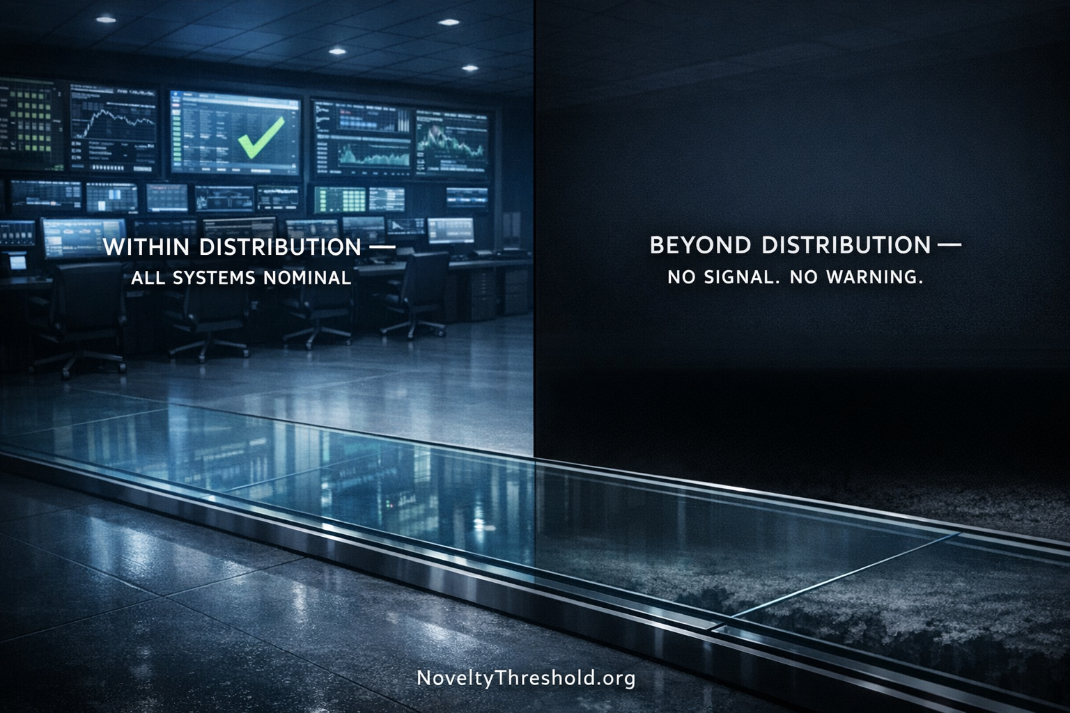 Control room with all systems nominal before the Novelty Threshold, showing invisible boundary beyond distribution