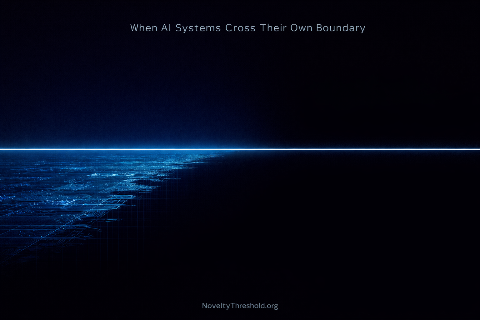 AI signal line crossing its own boundary into void — the Novelty Threshold in artificial intelligence