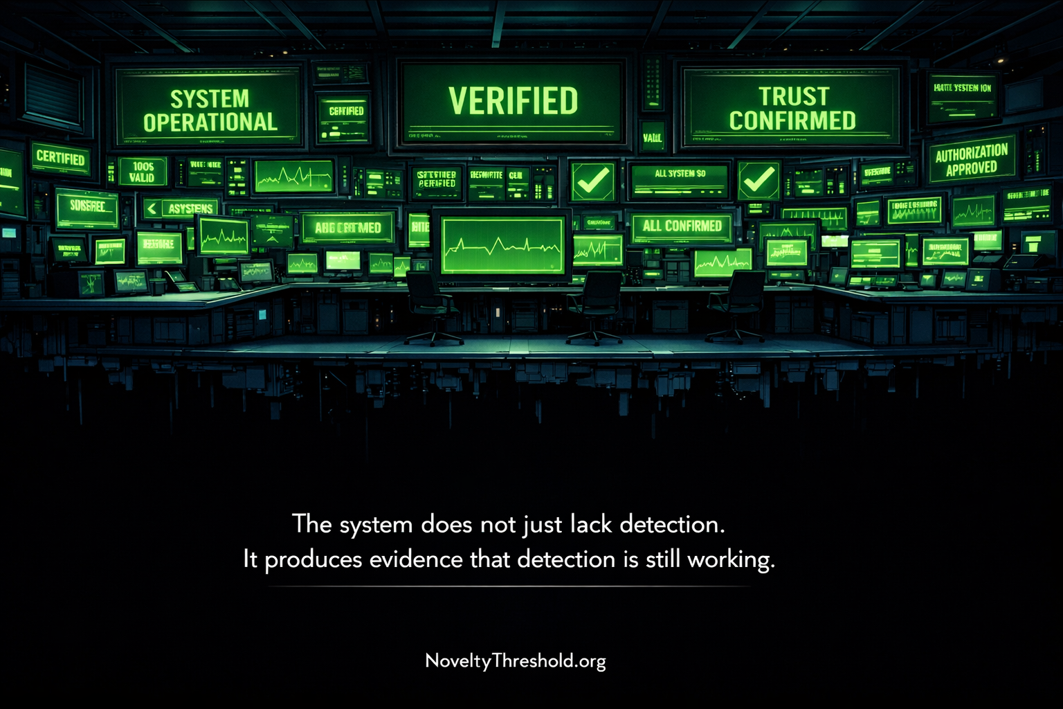 Institutional control room confirming trust with all green signals — floating above pure void, no ground beneath