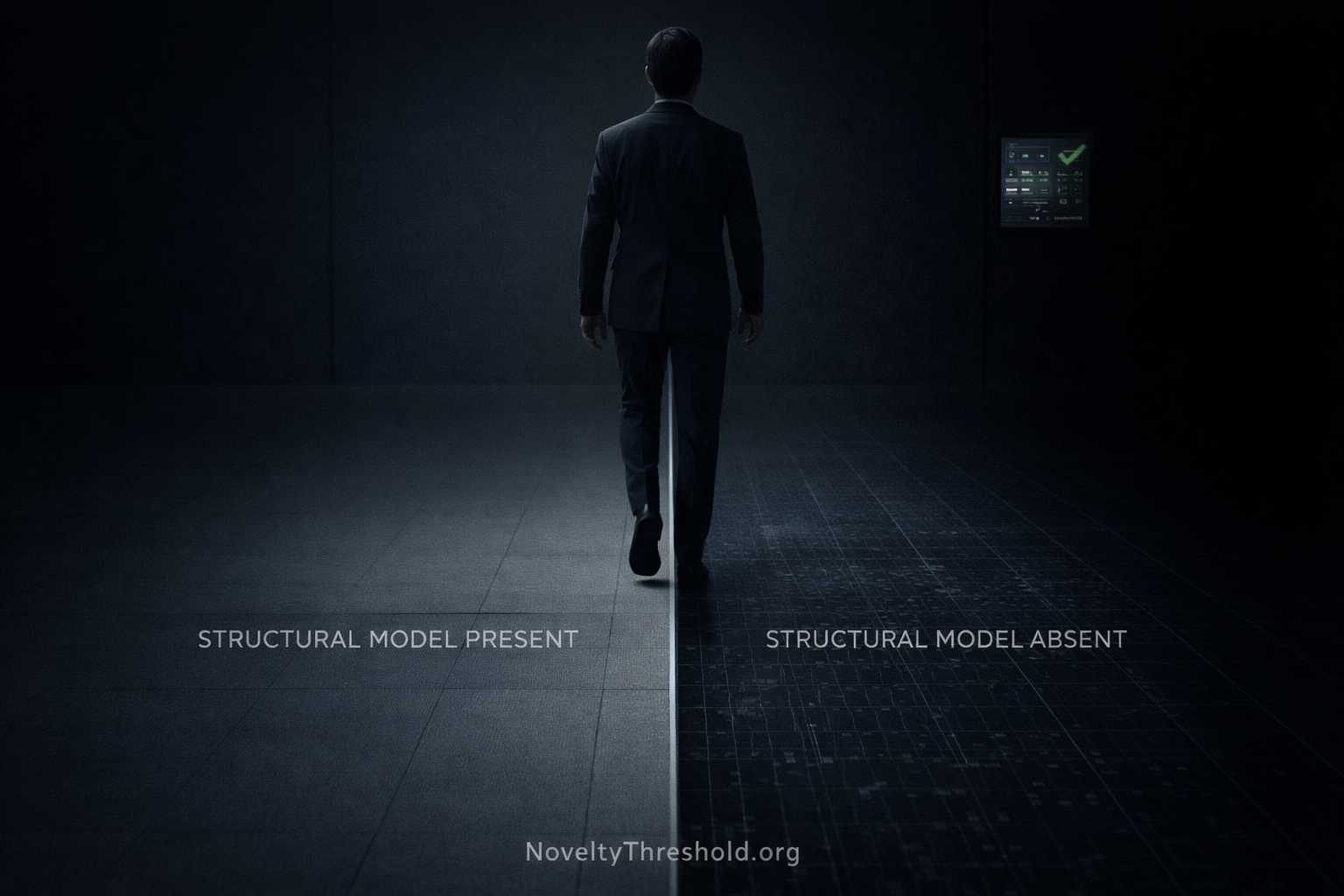 Person walking across the Novelty Threshold with no visible signal as structural model disappears beneath the surface
