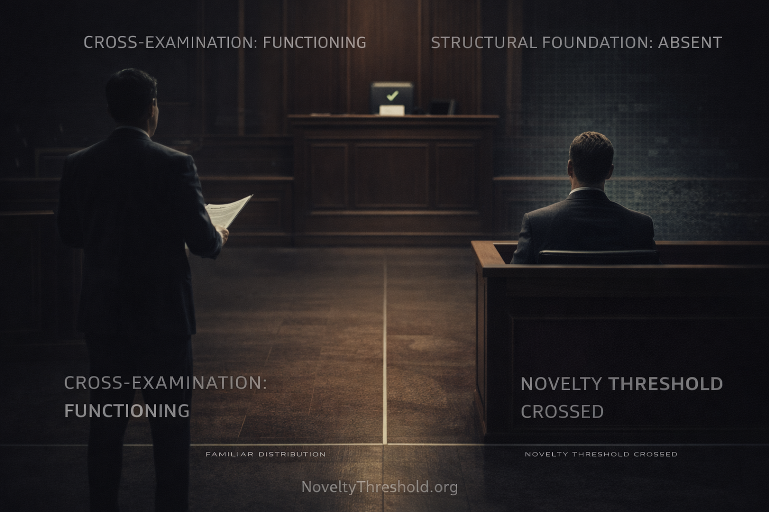 Expert witness testifying confidently in court while crossing the Novelty Threshold unnoticed during cross-examination