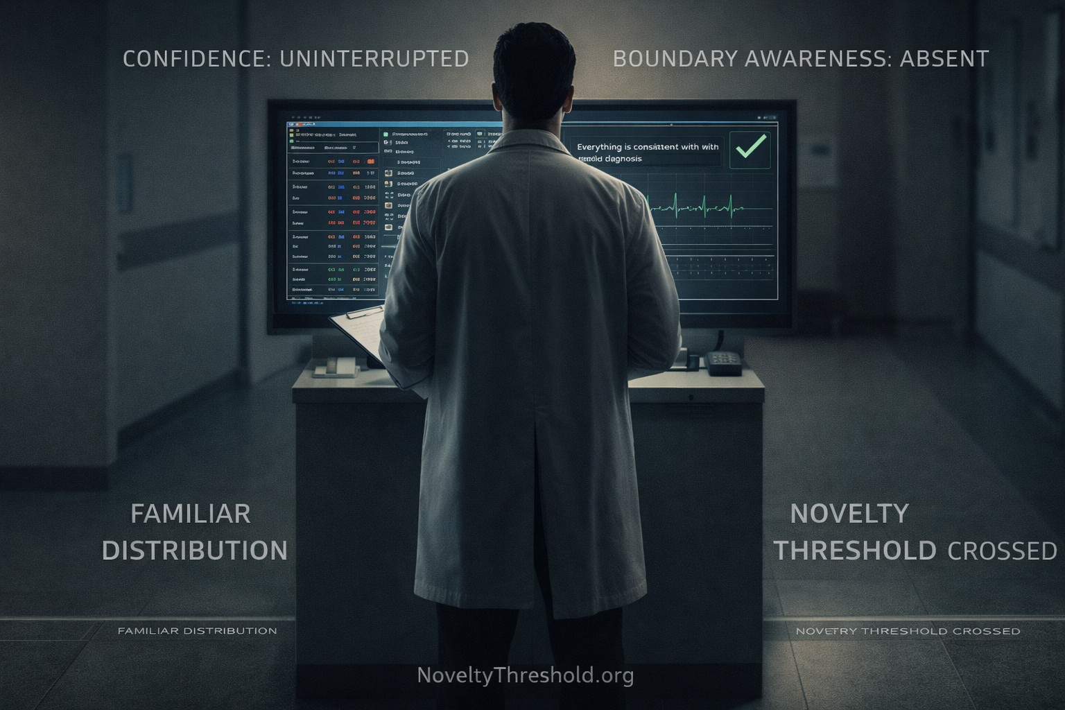 Physician reviewing patient data with full confidence while subtle anomaly goes unnoticed beyond the Novelty Threshold