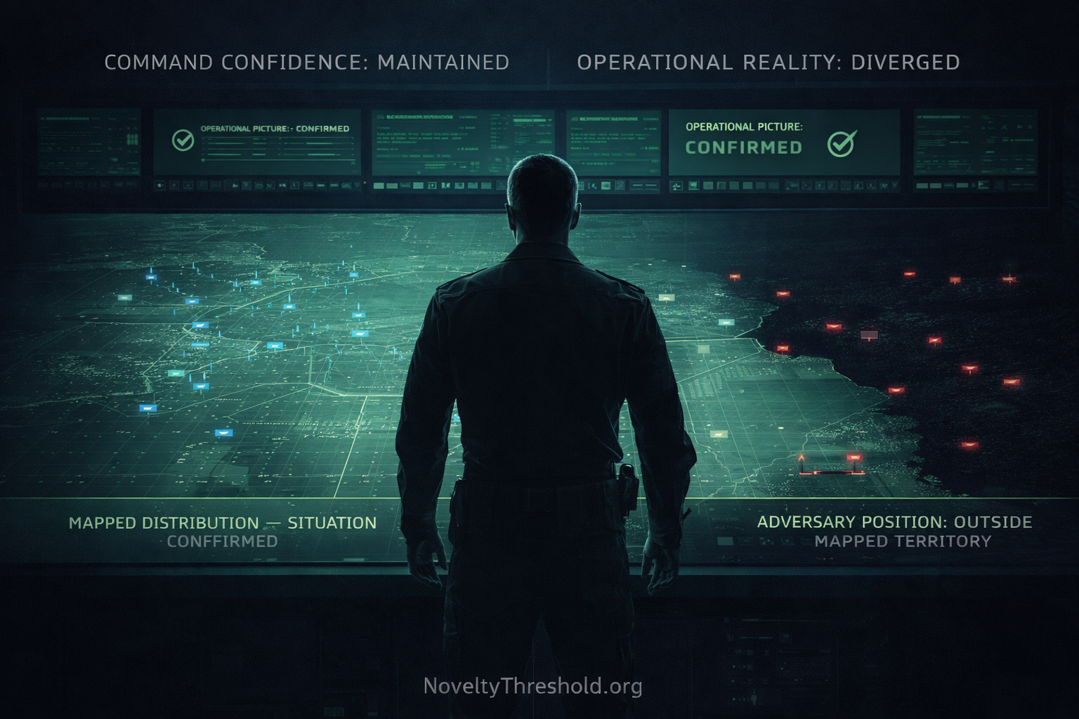 military command center showing tactical map with unseen adversary beyond mapped territory and commander unaware of boundary