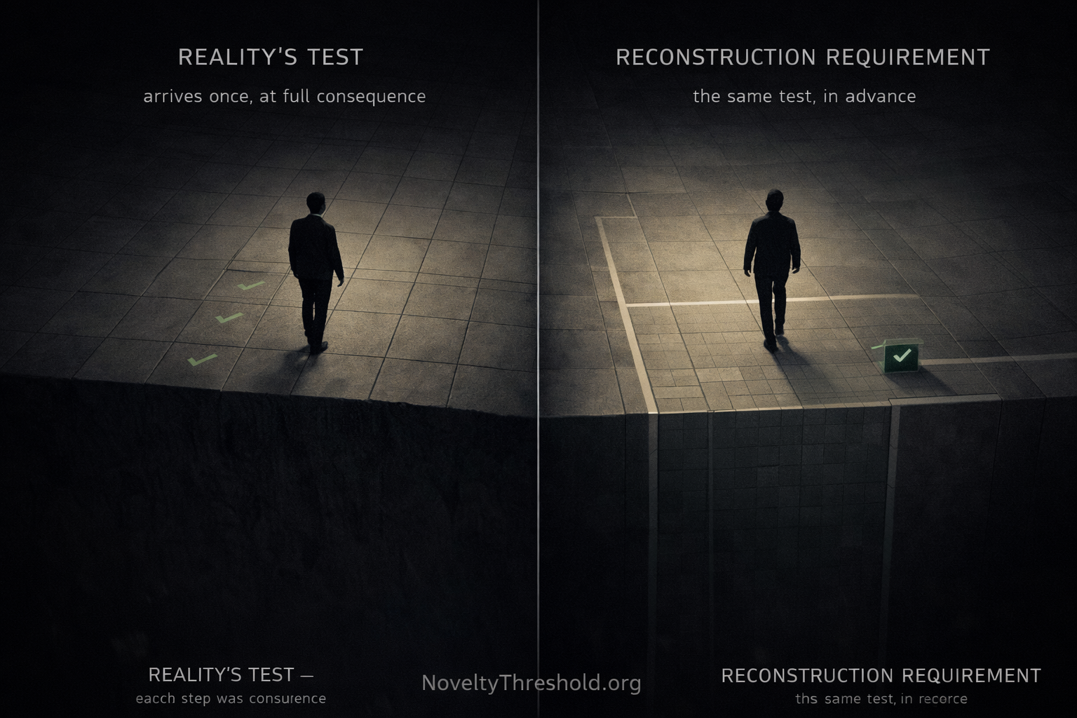 Two parallel corridors comparing reality’s test with the Reconstruction Requirement, showing a hidden boundary versus a controlled test zone